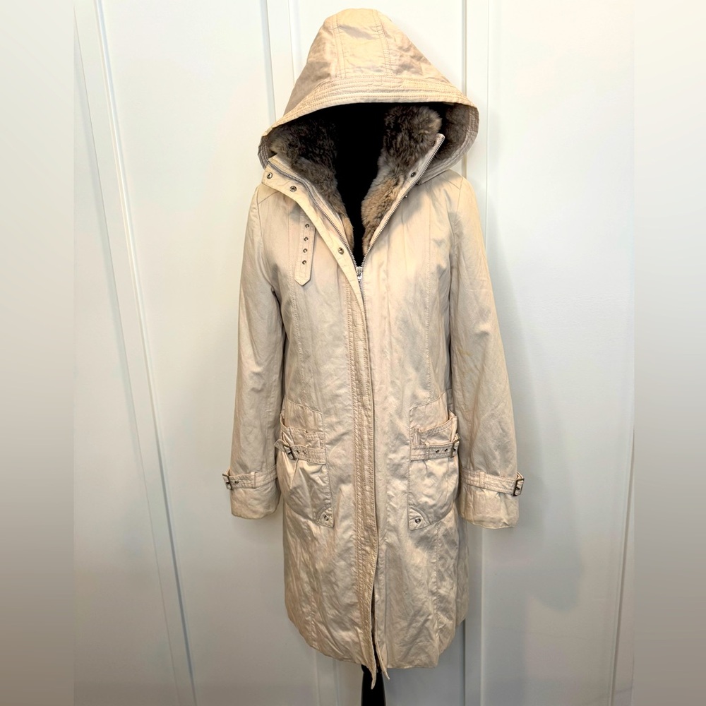 Finlandia Women's Cream Ivory Mink Fur Long Winter Hooded Coat Jacket Small S CT